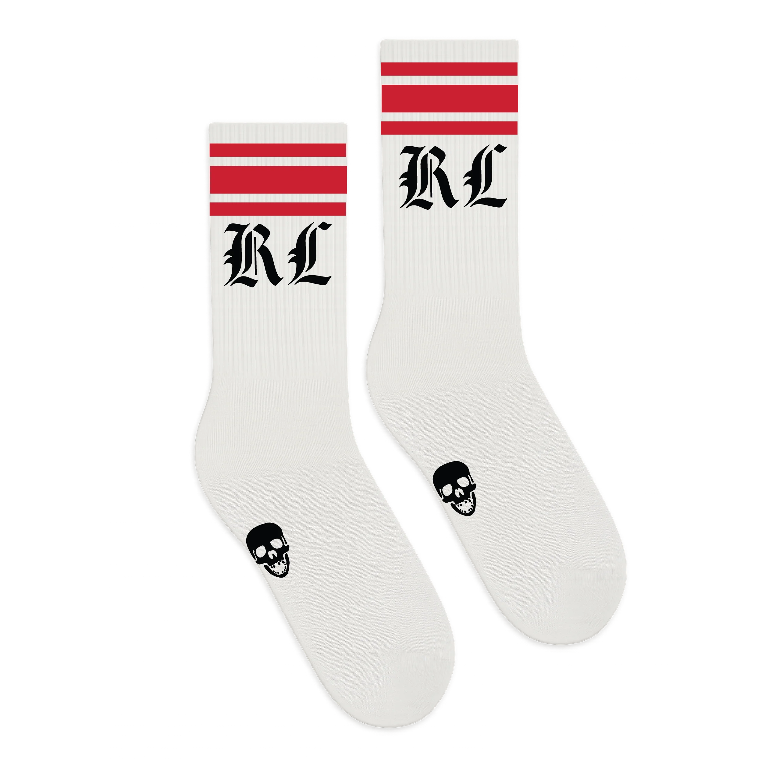 OE White Red Stripe Skull Crew Sock